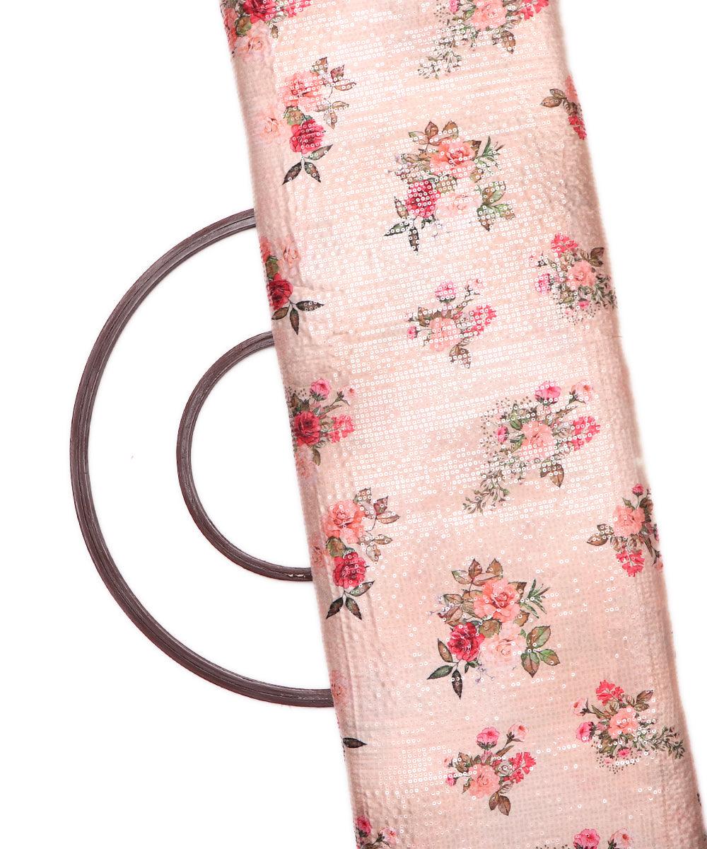 peach floral digital print sequin embroidery modal satin fabric