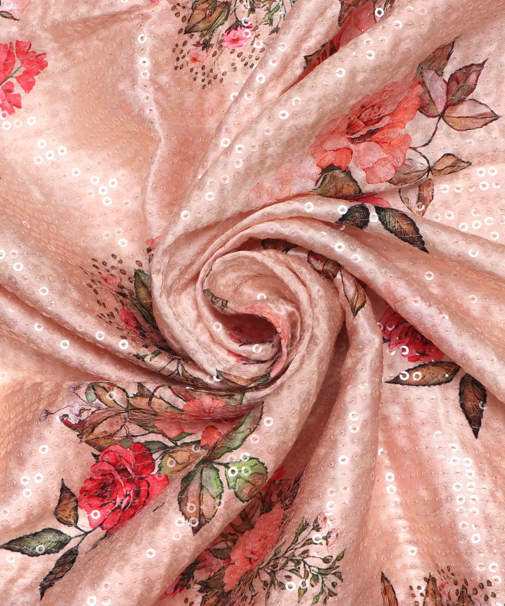 peach floral digital print sequin embroidery modal satin fabric
