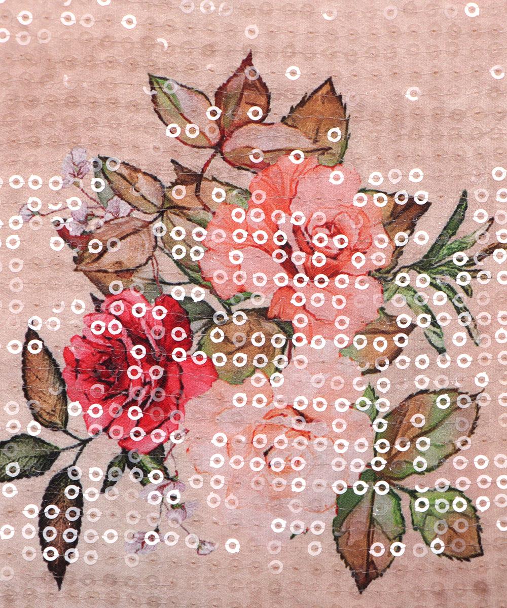 peach floral digital print sequin embroidery modal satin fabric