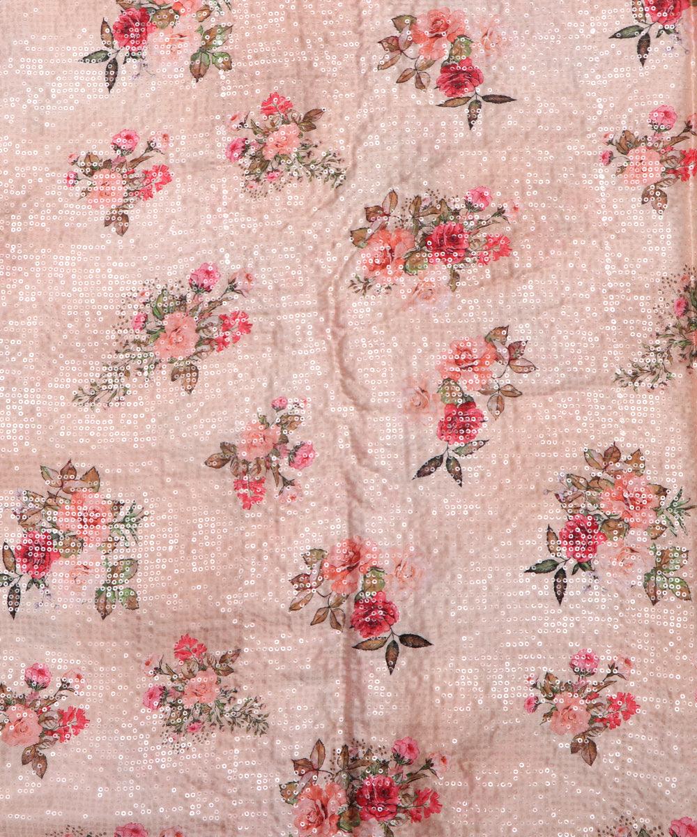 peach floral digital print sequin embroidery modal satin fabric
