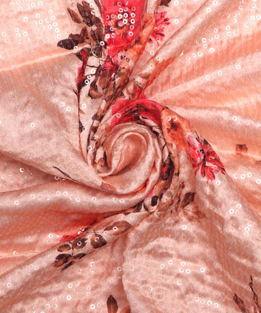 peach digital print sequin embroidery modal satin fabric