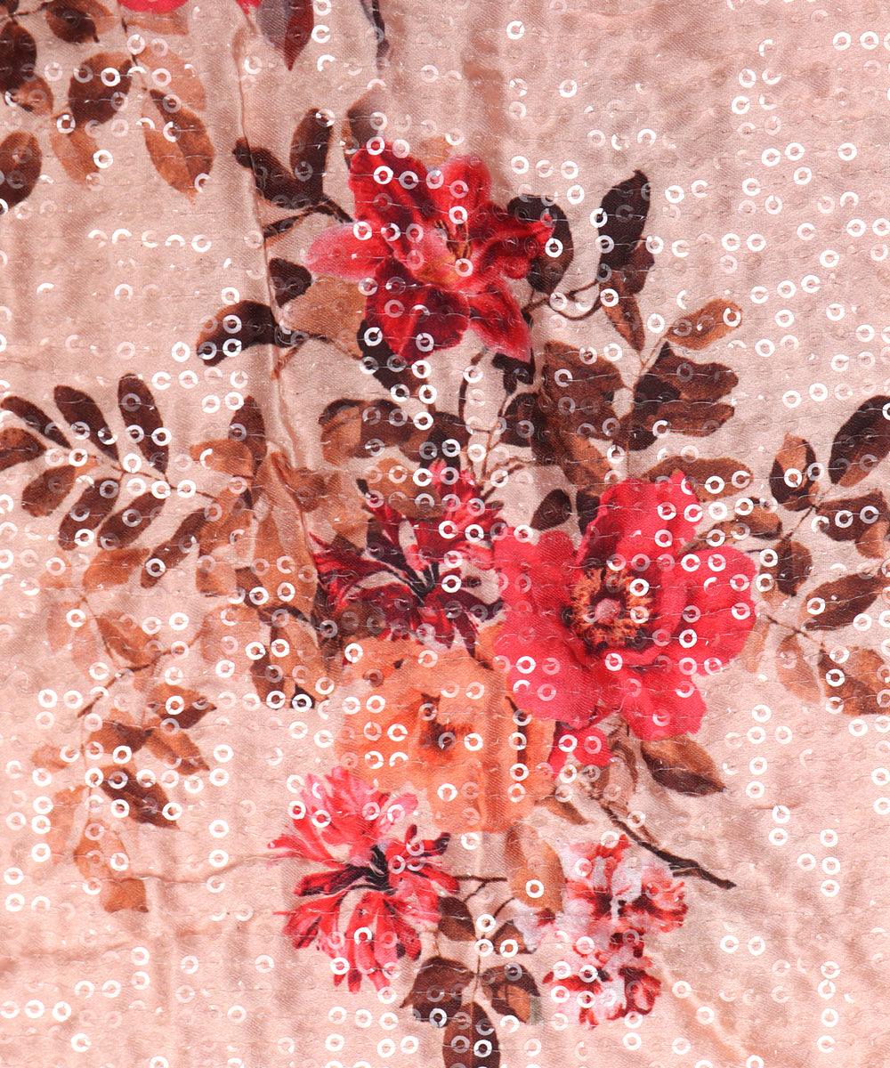peach digital print sequin embroidery modal satin fabric