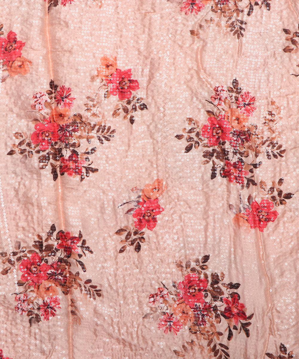 peach digital print sequin embroidery modal satin fabric