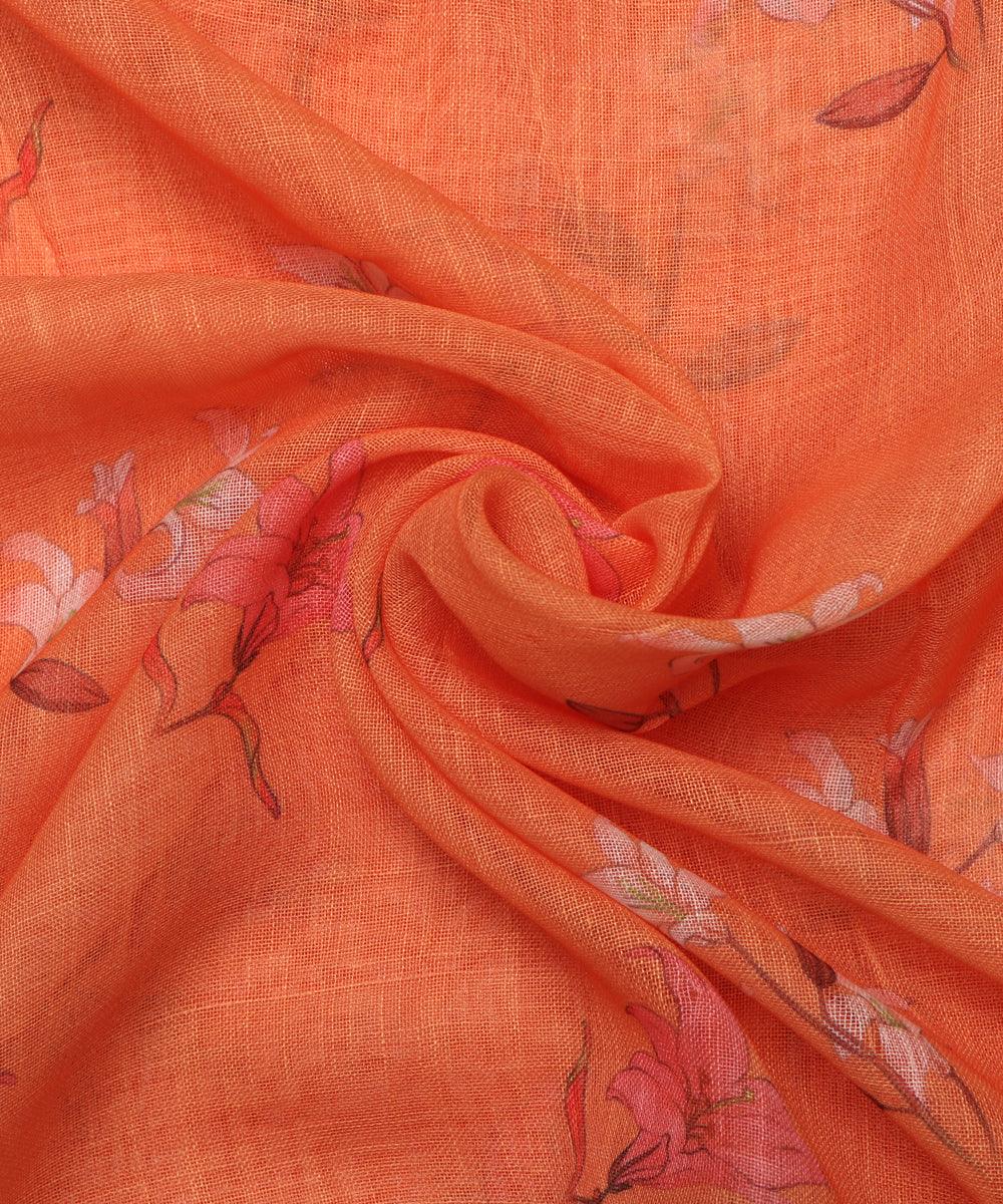 orange dogital floral printed zari border doria linen fabric