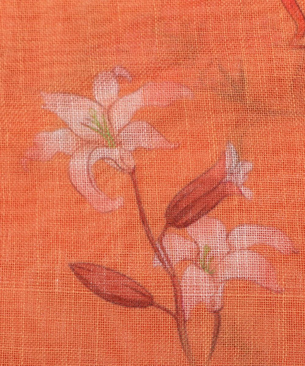 orange dogital floral printed zari border doria linen fabric