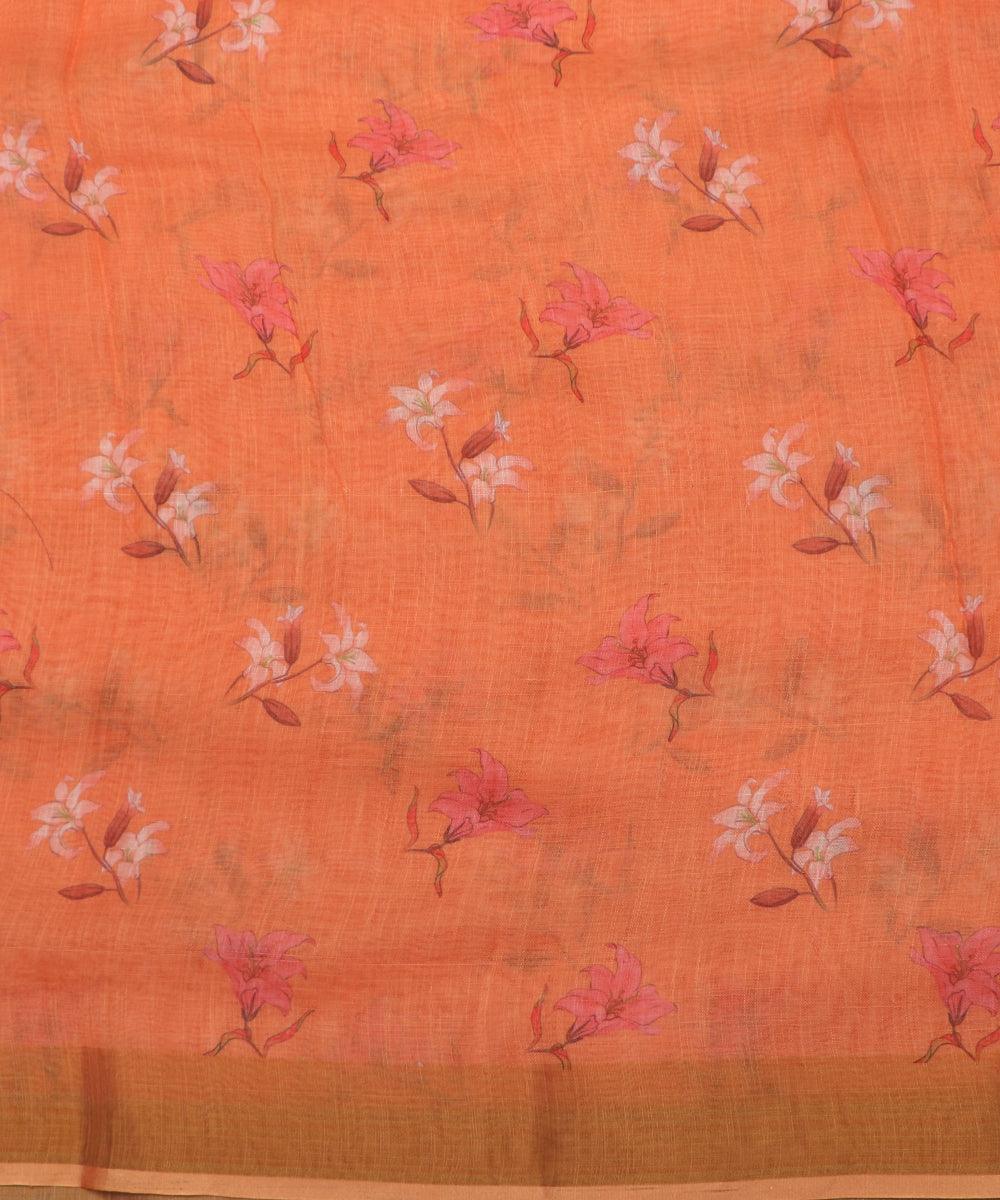 orange dogital floral printed zari border doria linen fabric