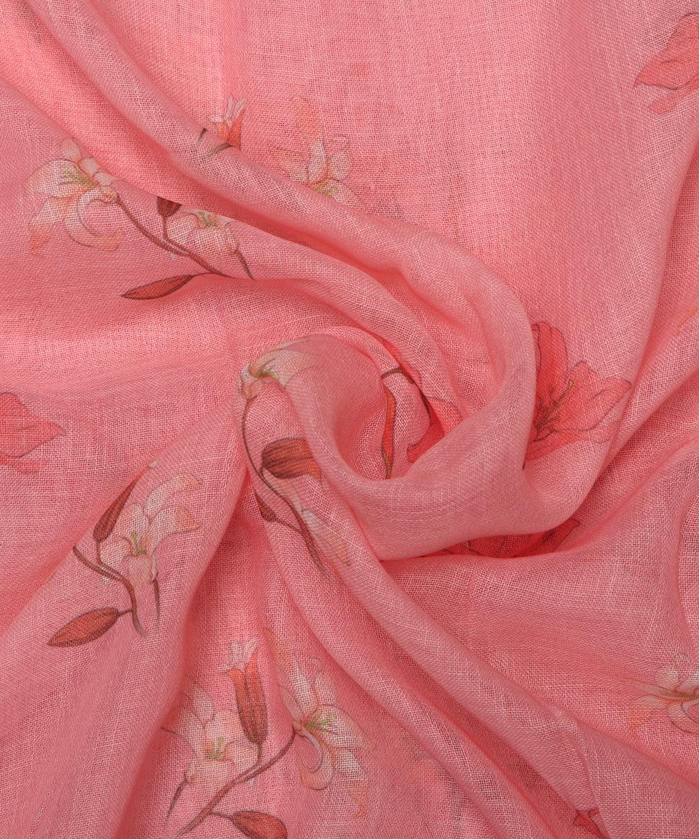 rose pink digital floral printed zari border doria linen fabric