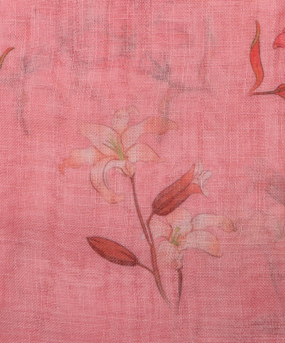 rose pink digital floral printed zari border doria linen fabric
