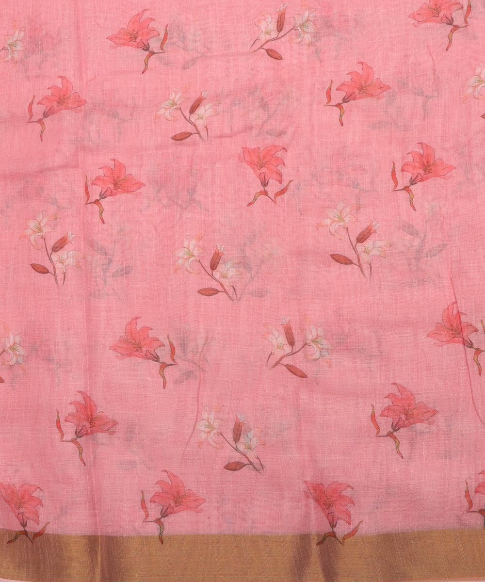 rose pink digital floral printed zari border doria linen fabric