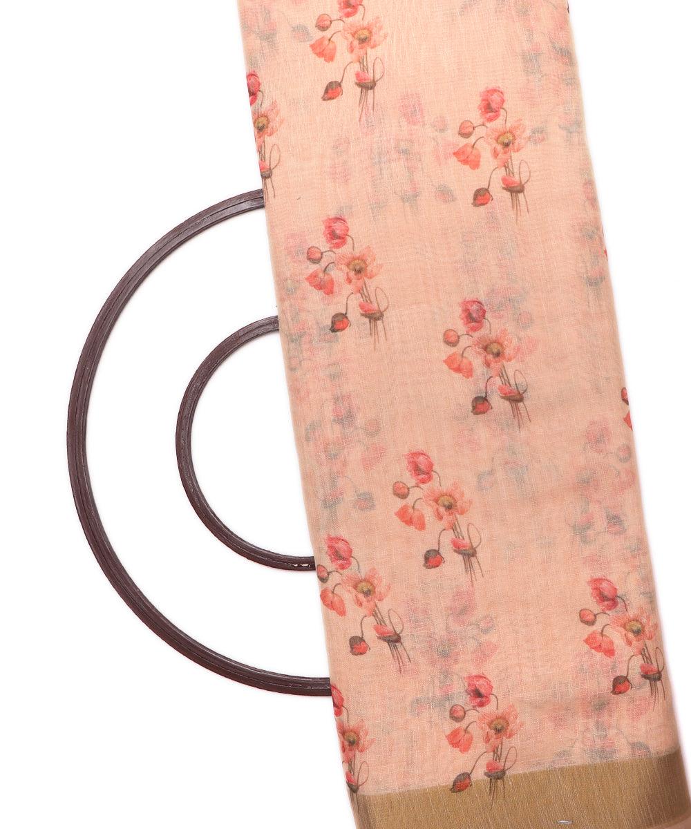 peach digital floral printed zari border doria linen fabric 1