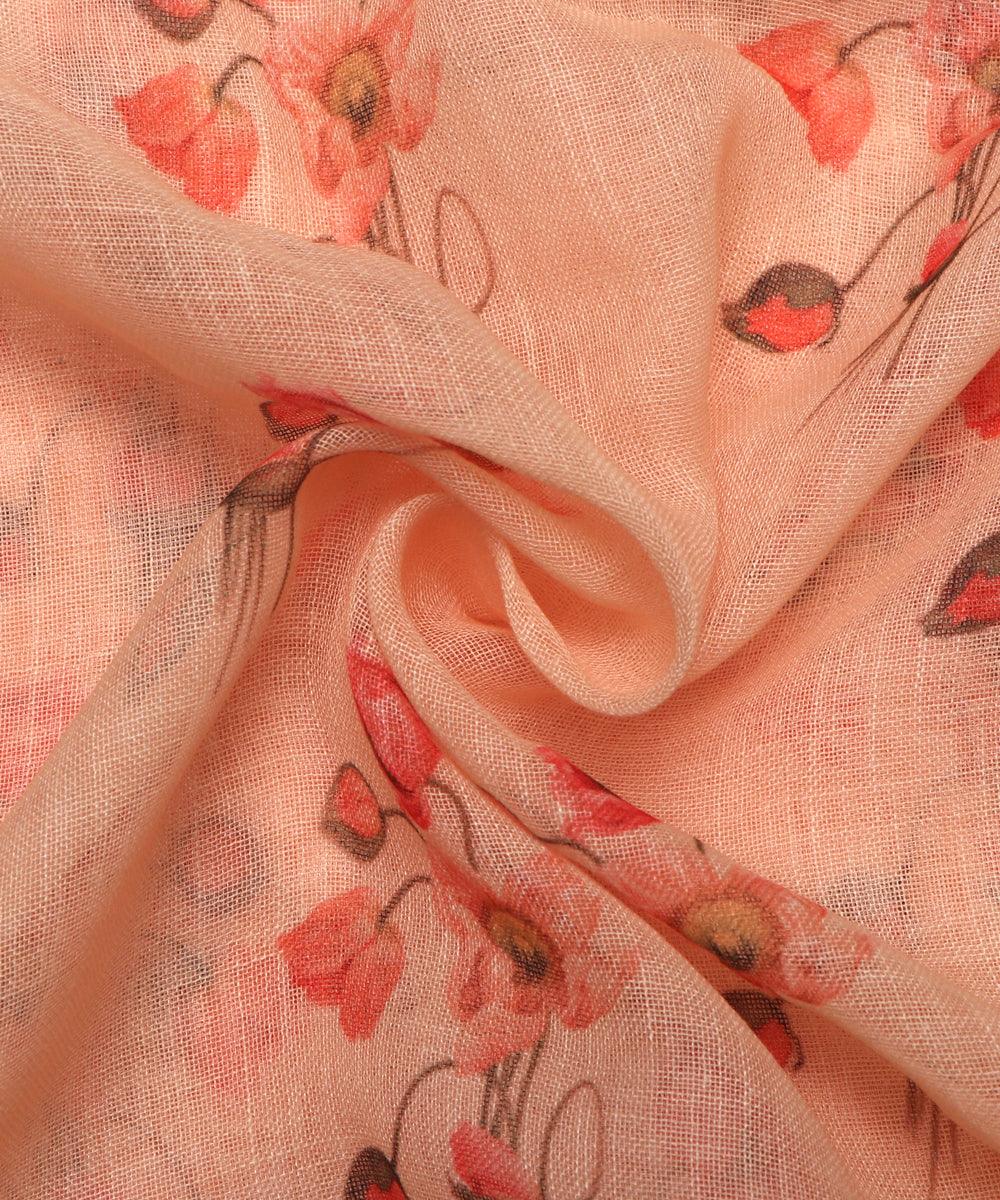 peach digital floral printed zari border doria linen fabric 1