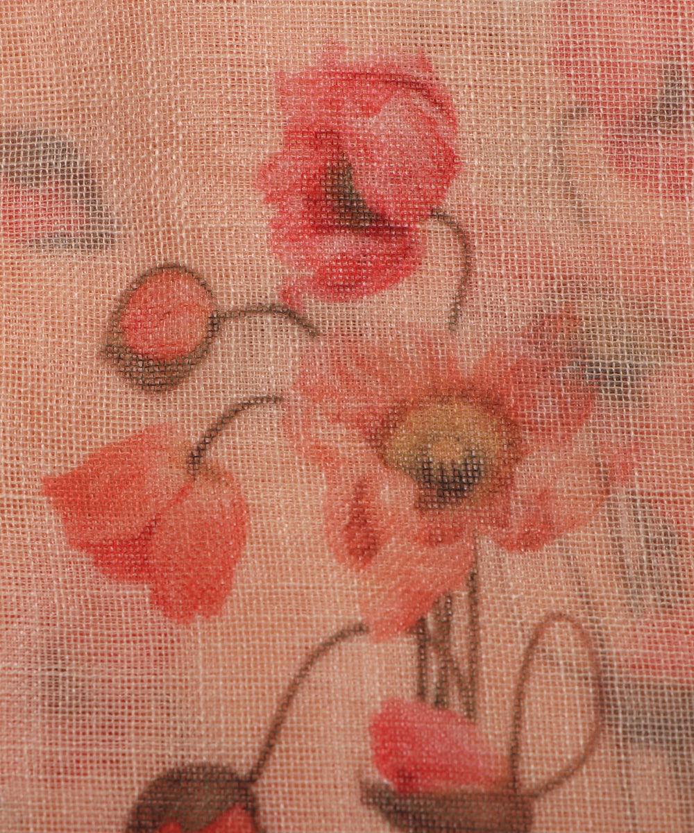 peach digital floral printed zari border doria linen fabric 1