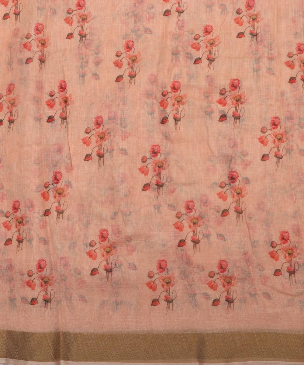 peach digital floral printed zari border doria linen fabric 1