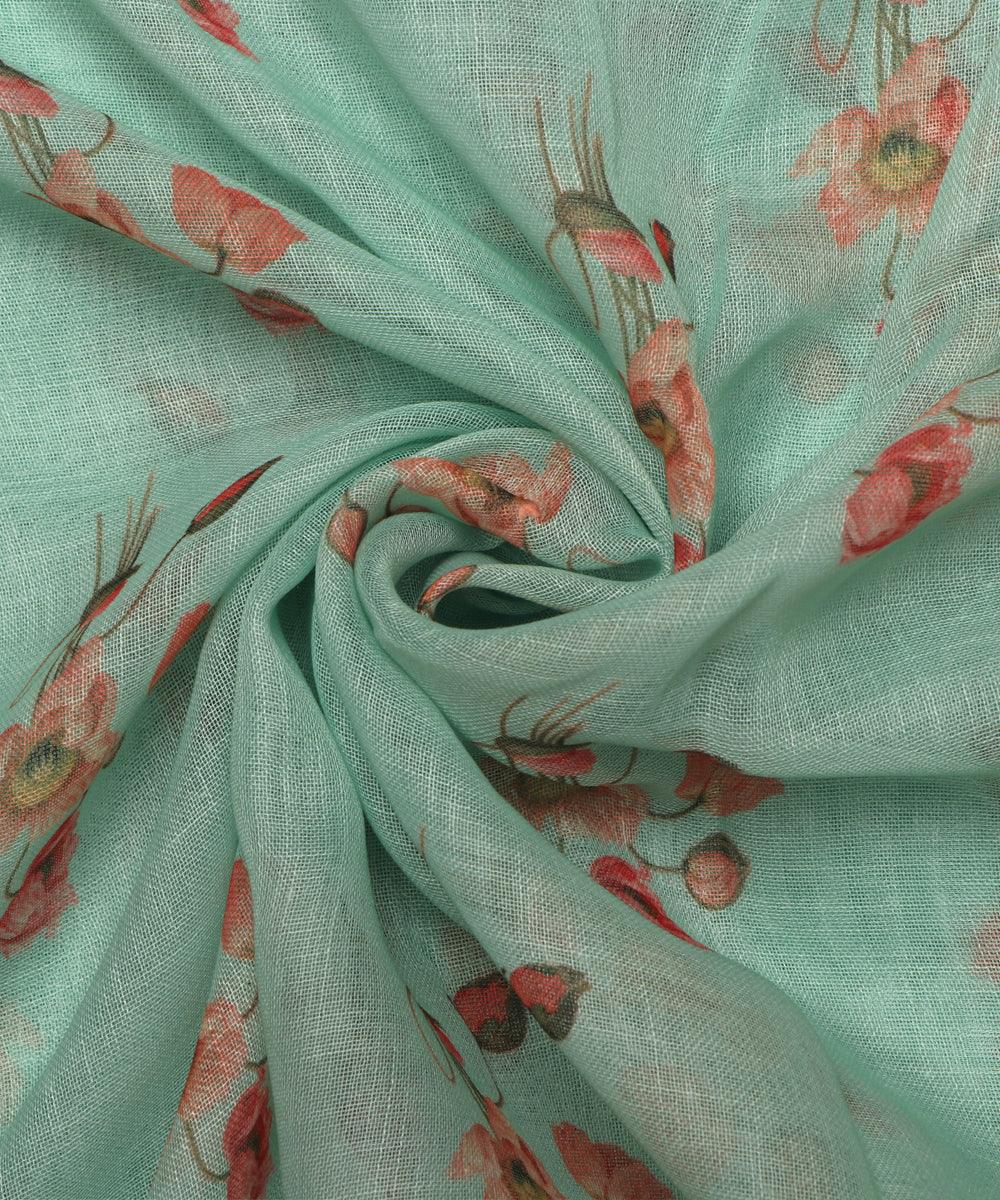 light green digital floral printed zari border doria linen fabric