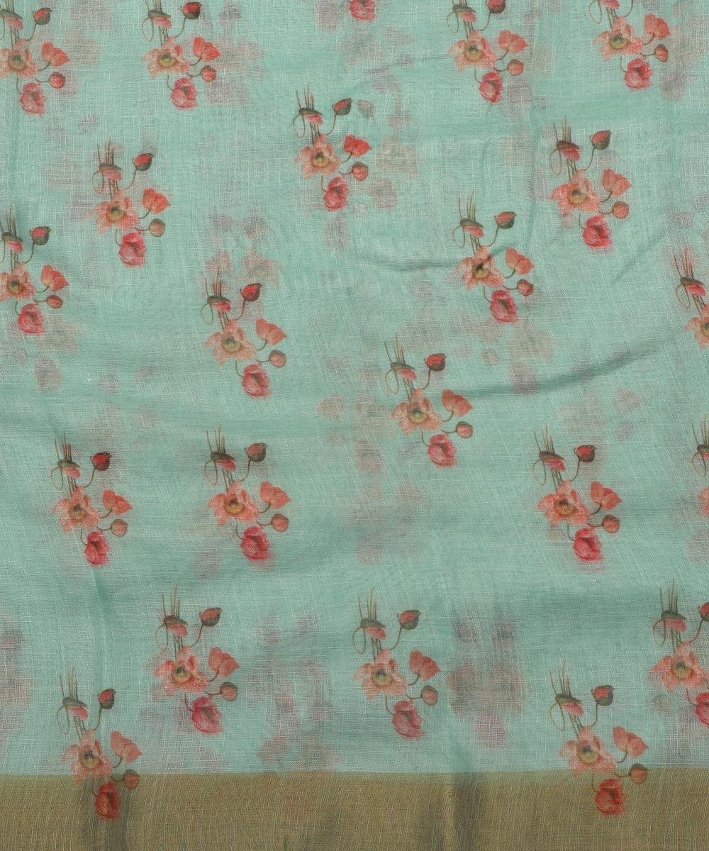 light green digital floral printed zari border doria linen fabric