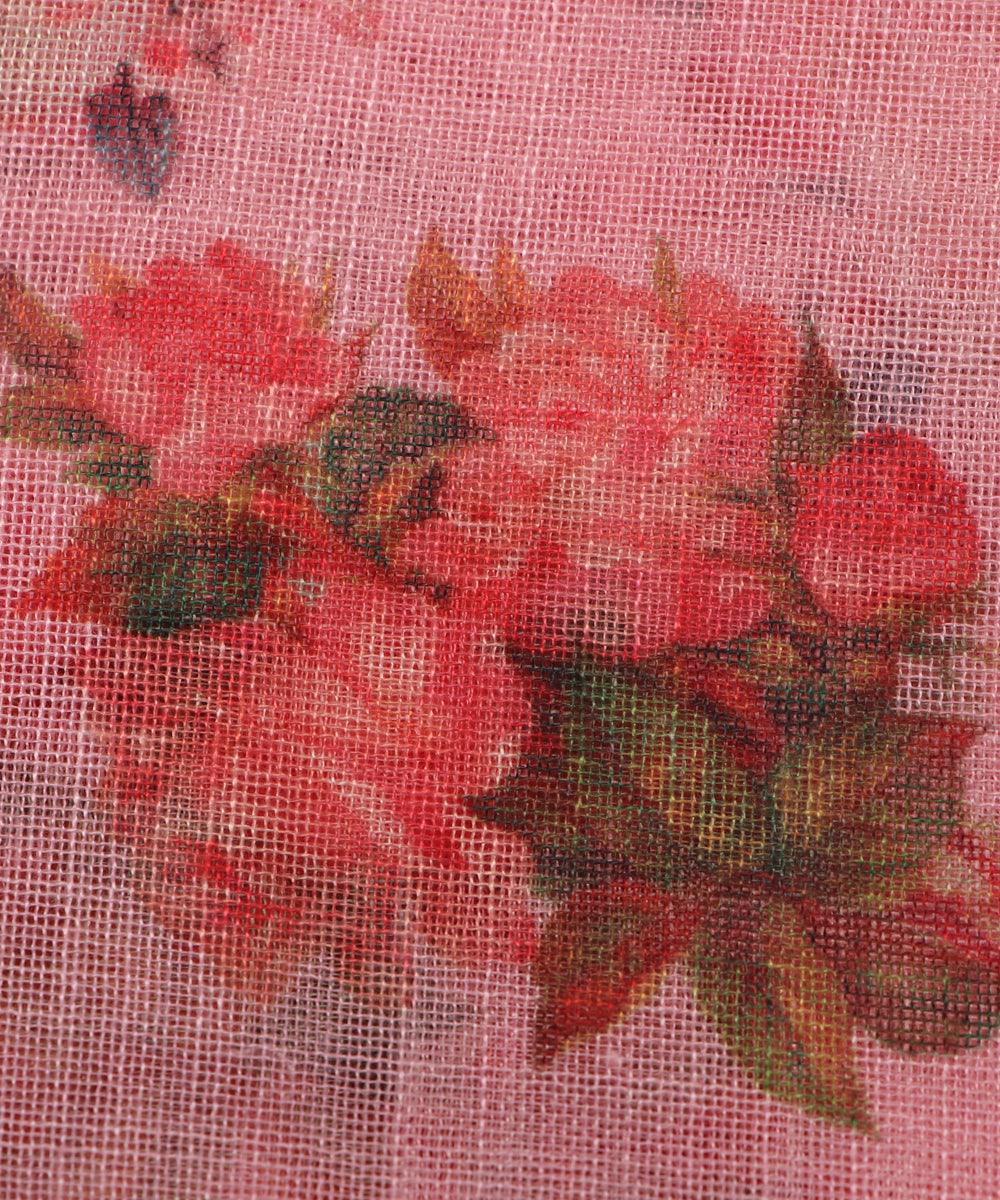 pink digital floral printed zari border doria linen fabric