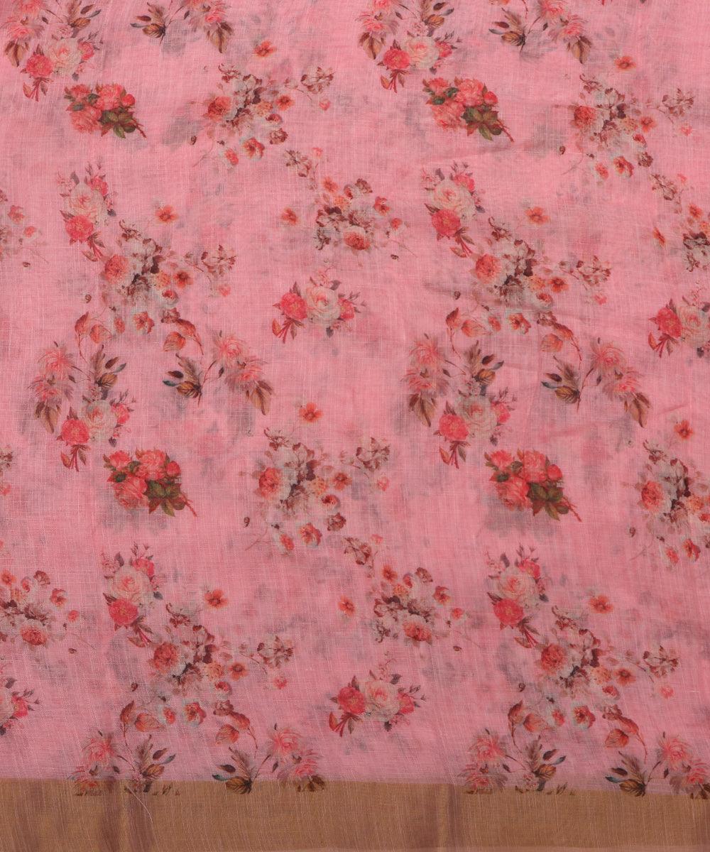 pink digital floral printed zari border doria linen fabric
