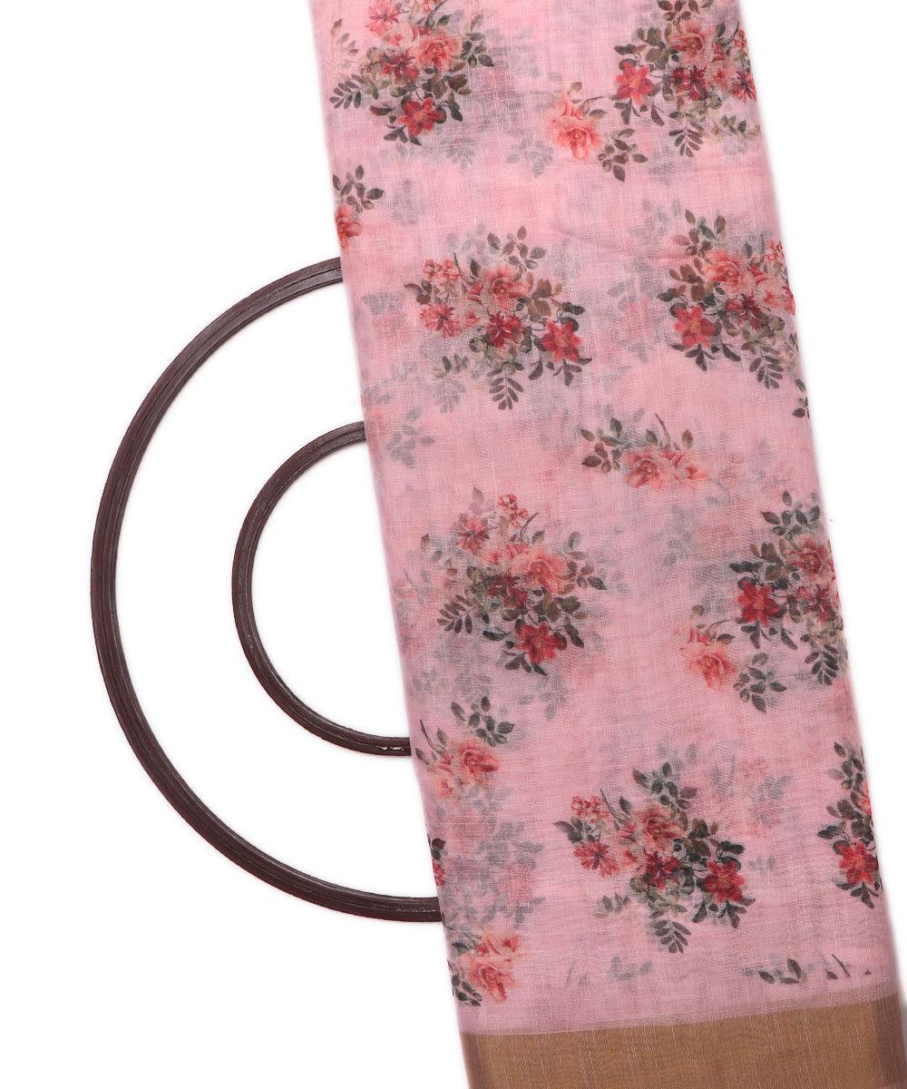 pink digital floral printed zari border doria linen fabric 2
