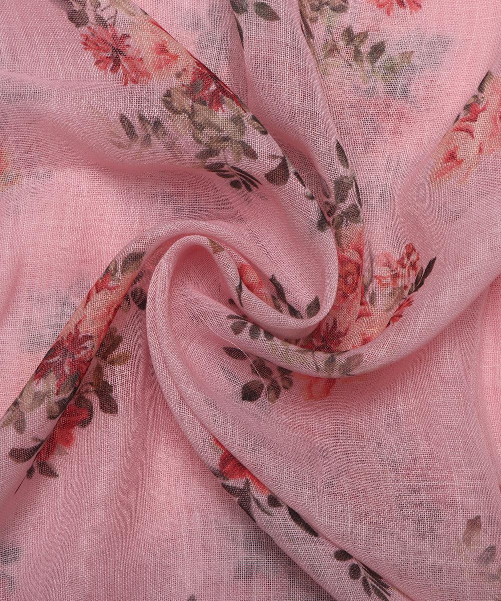 pink digital floral printed zari border doria linen fabric 2