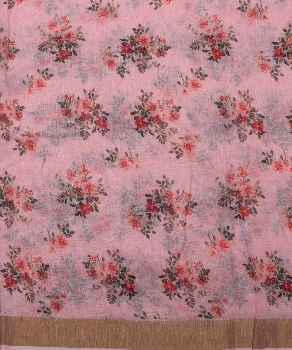 pink digital floral printed zari border doria linen fabric 2