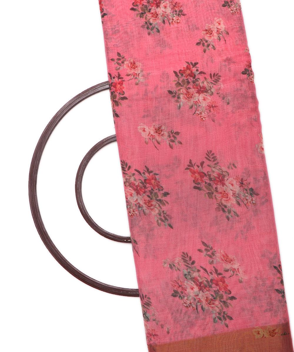 pink digital floral printed zari border doria linen fabric 3