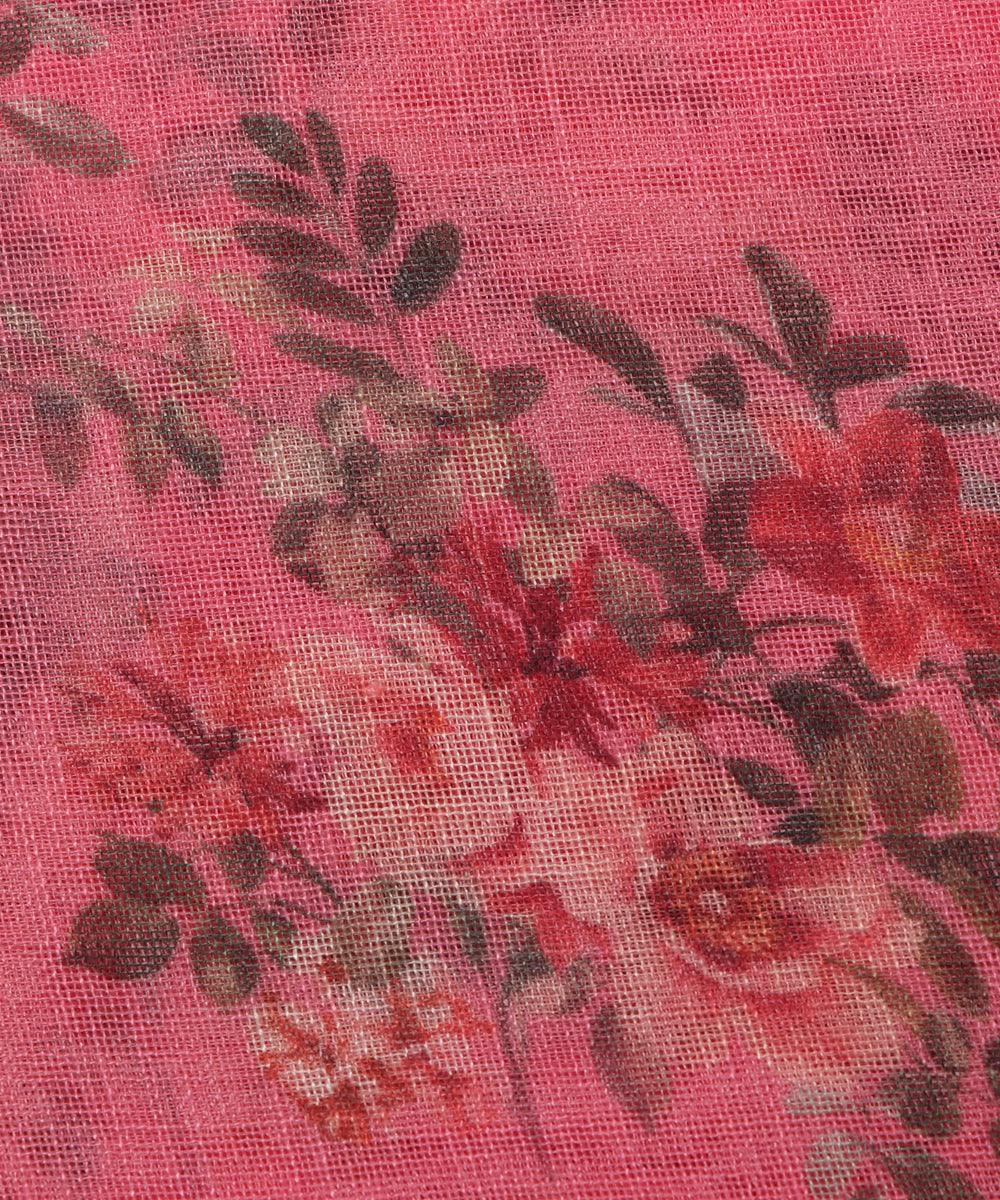pink digital floral printed zari border doria linen fabric 3
