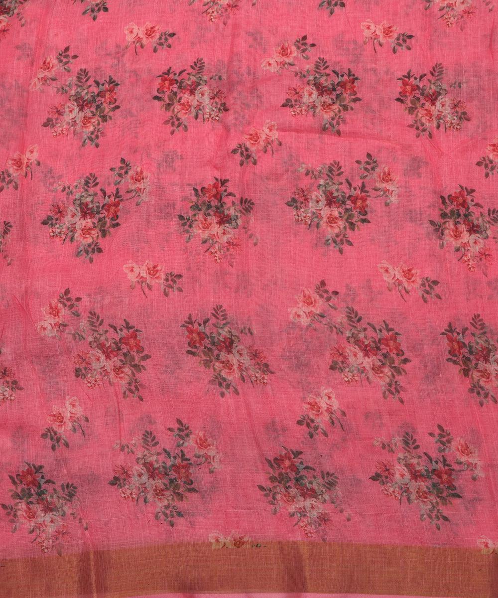 pink digital floral printed zari border doria linen fabric 3