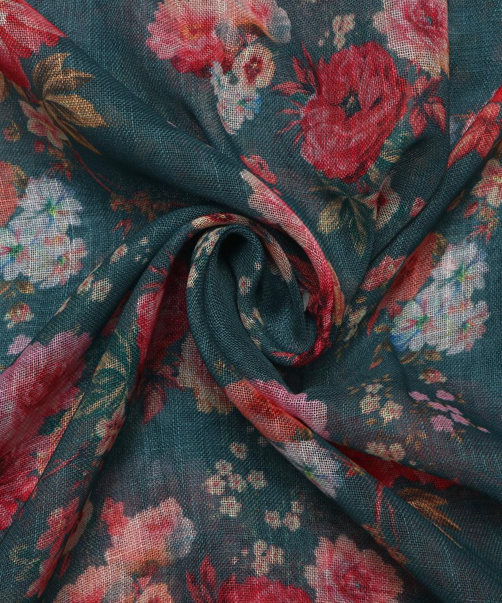 teal green digital floral printed zari border doria linen fabric