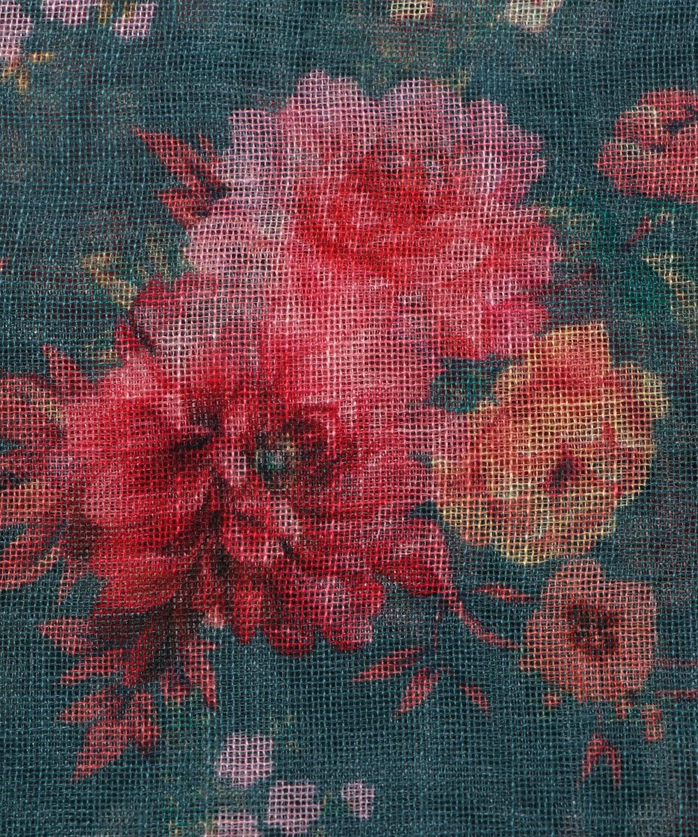 teal green digital floral printed zari border doria linen fabric