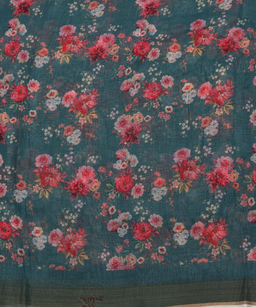 teal green digital floral printed zari border doria linen fabric