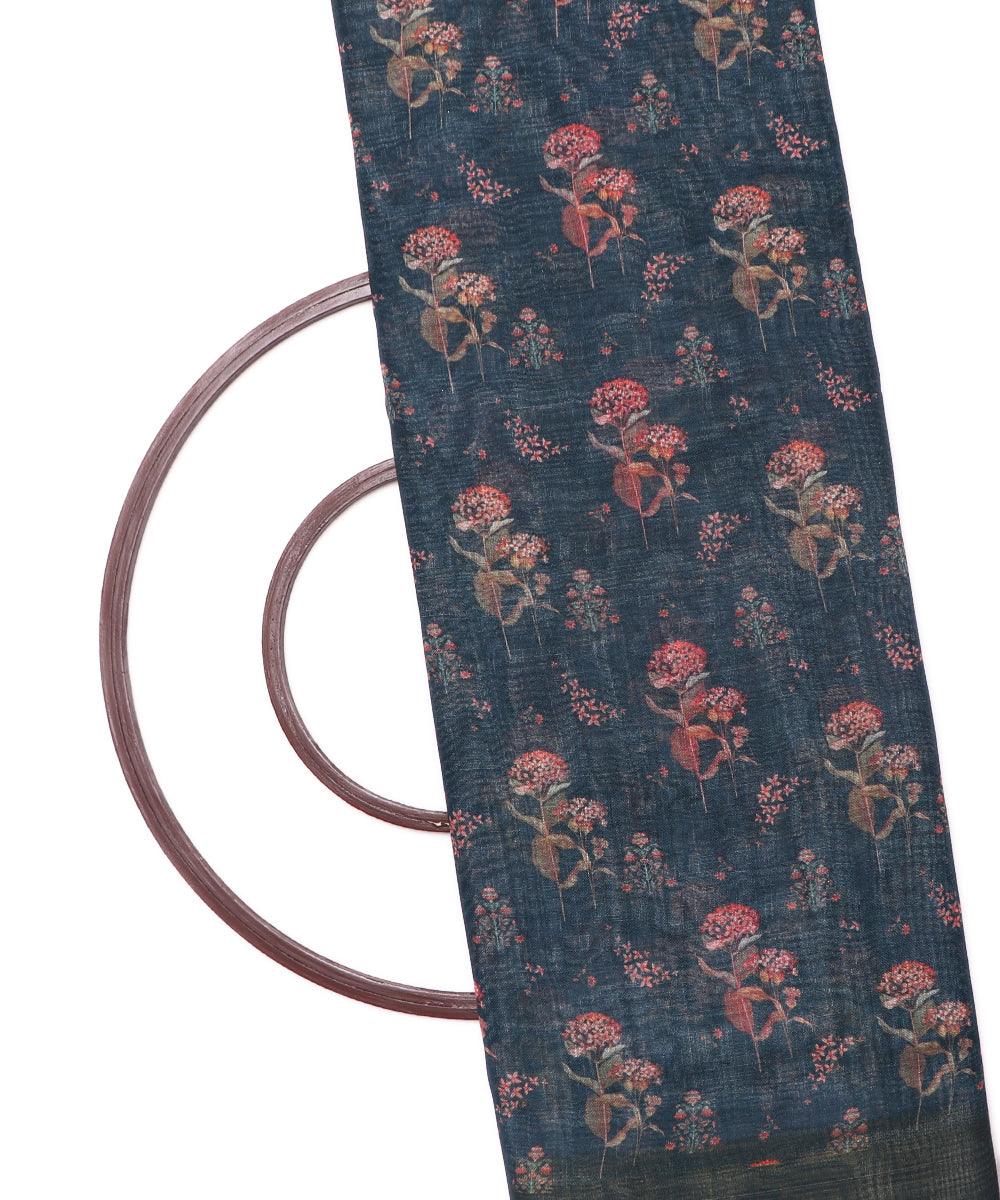 teal blue digital floral printed zari border doria linen fabric