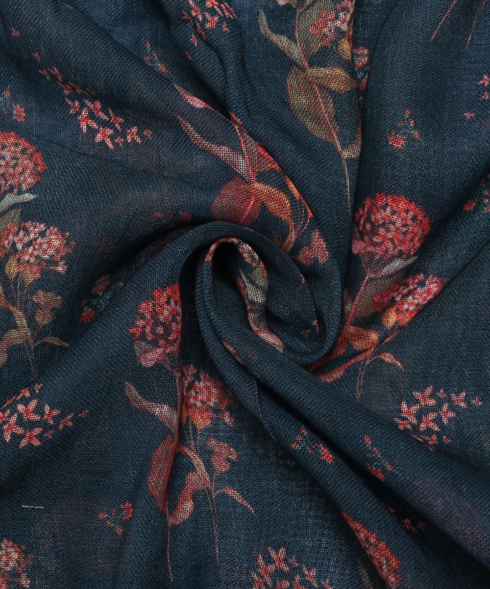 teal blue digital floral printed zari border doria linen fabric