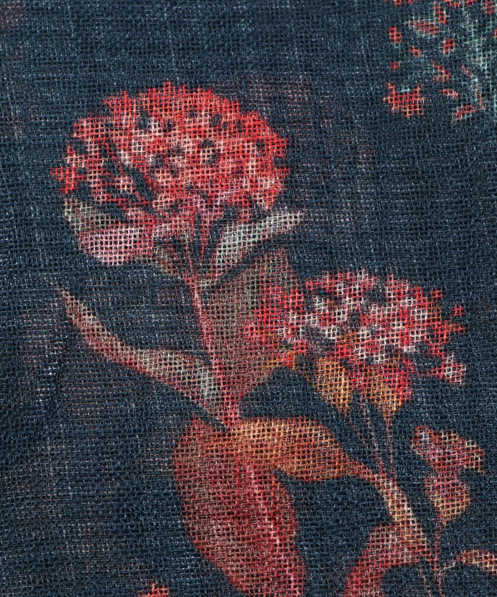 teal blue digital floral printed zari border doria linen fabric
