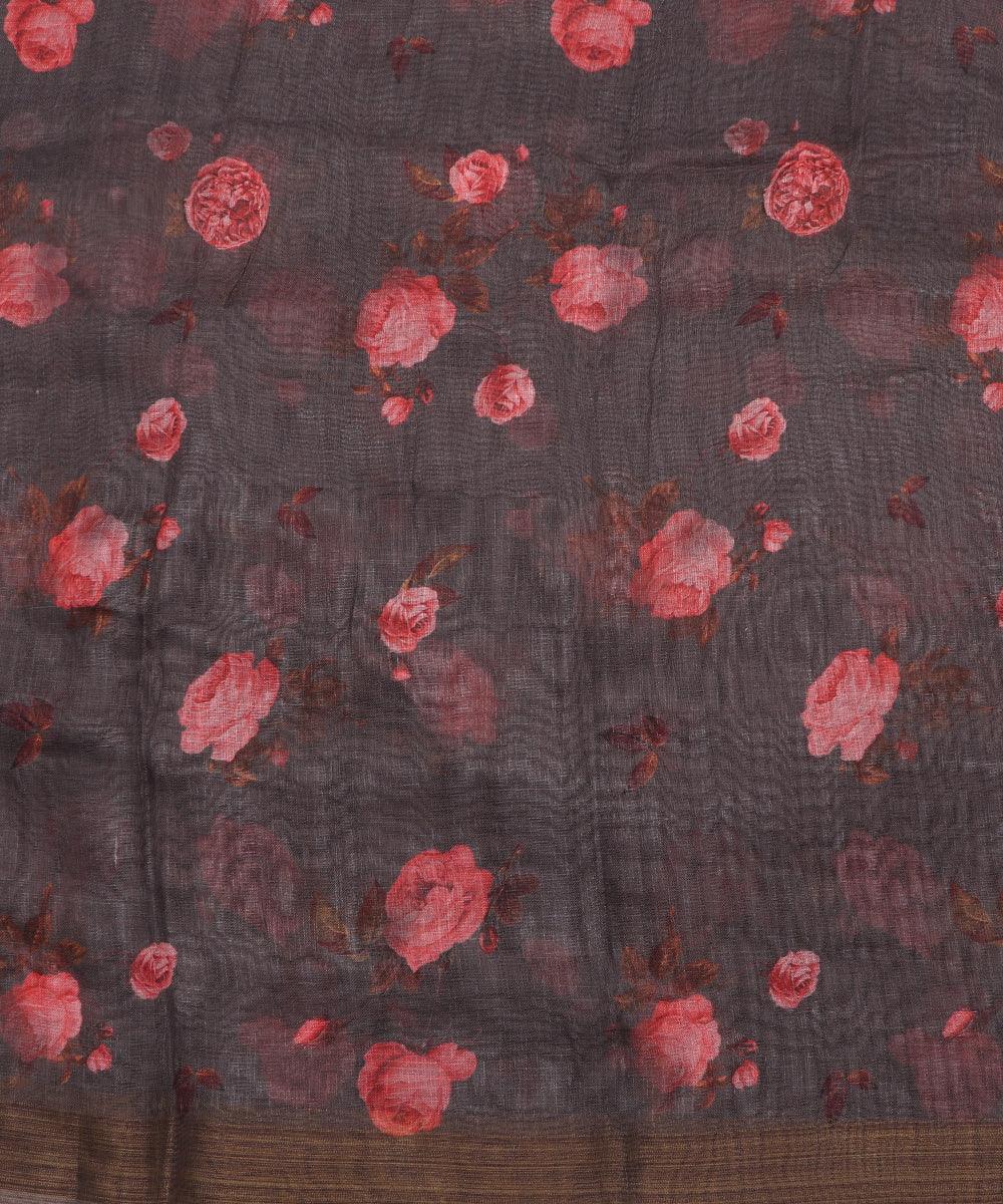 grey digital floral printed zari border doria linen fabric