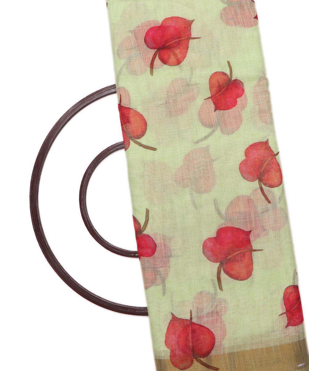 mint green digital floral printed zari border doria linen fabric