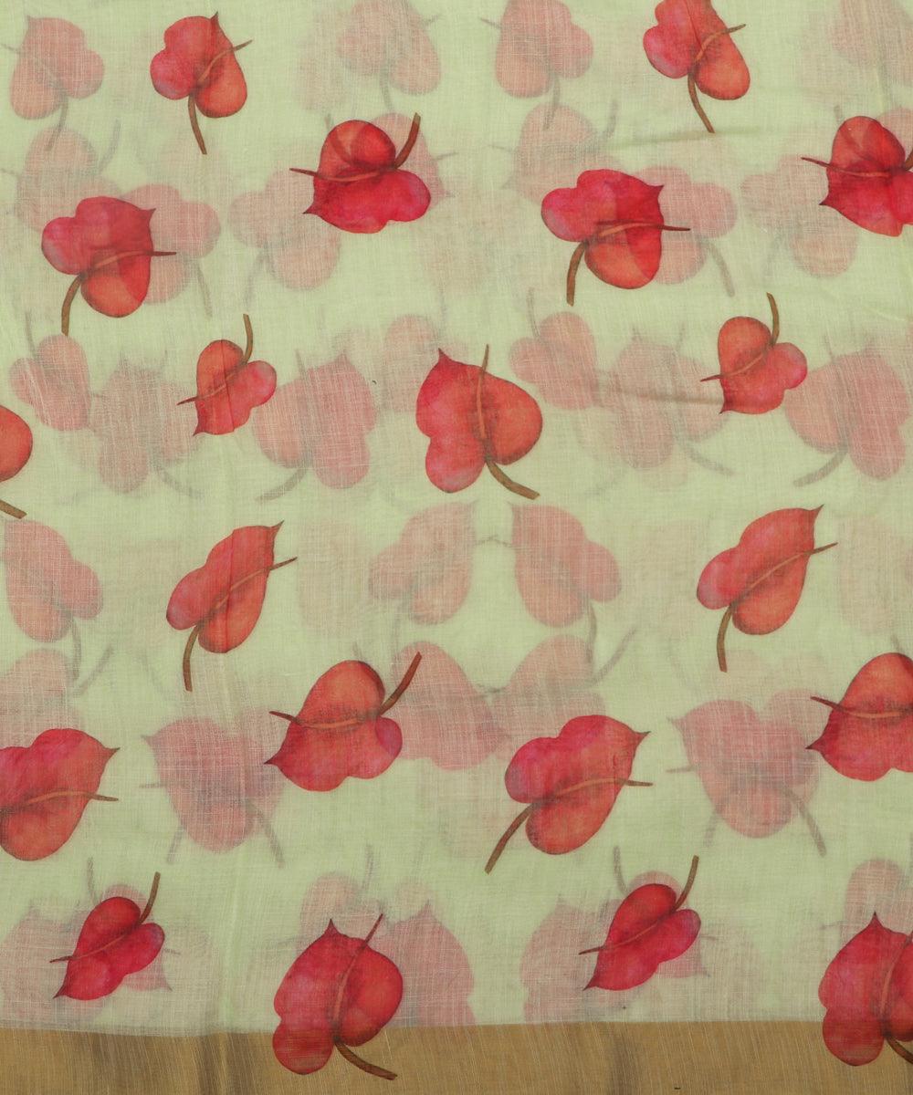 mint green digital floral printed zari border doria linen fabric