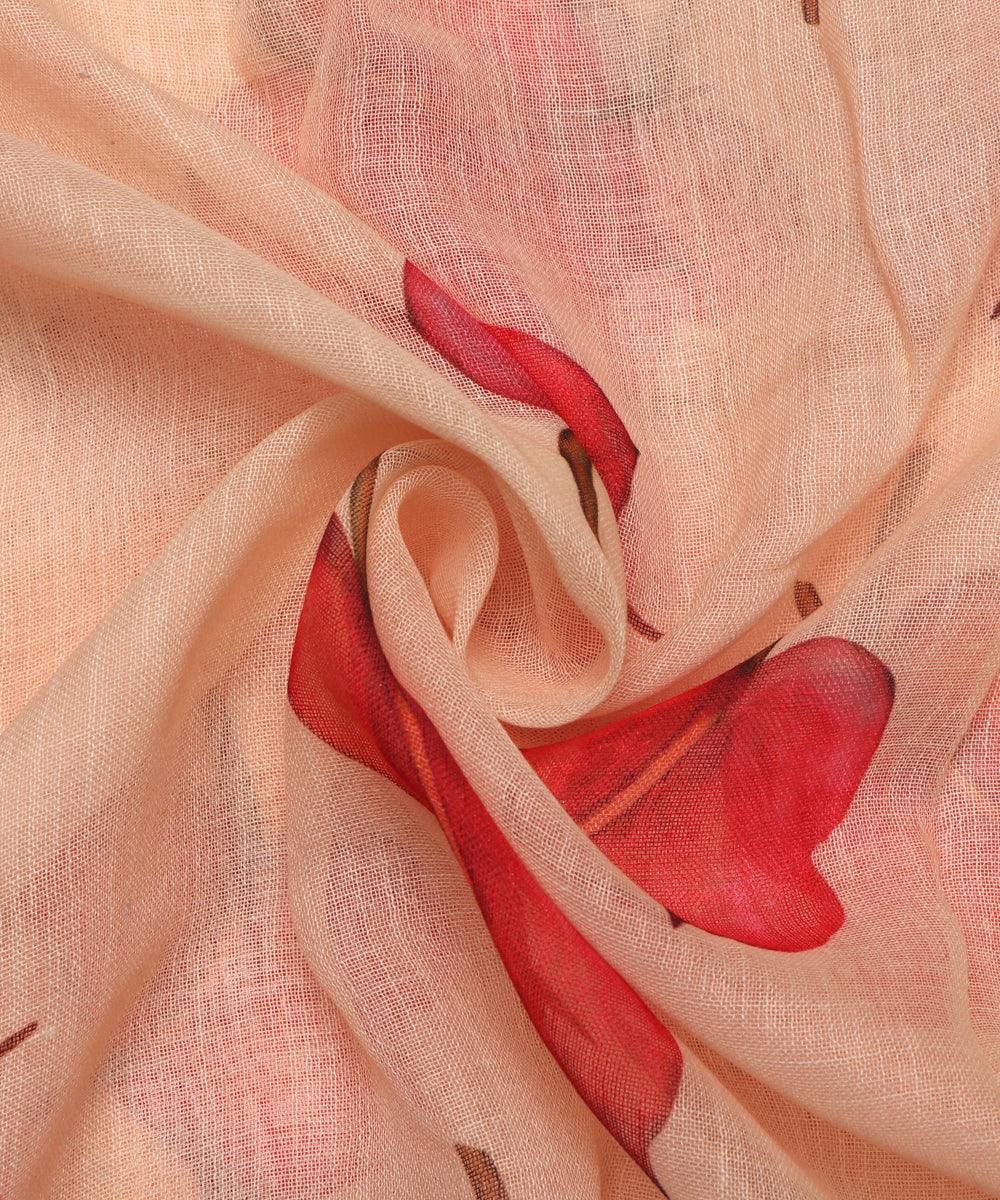 peach digital floral printed zari border doria linen fabric