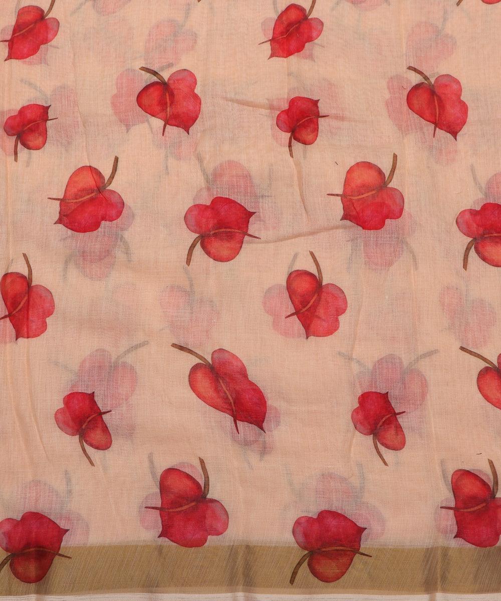 peach digital floral printed zari border doria linen fabric