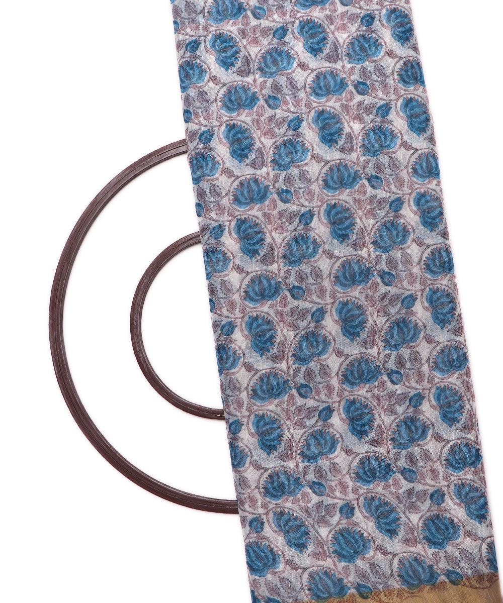 white digital floral printed zari border doria linen fabric
