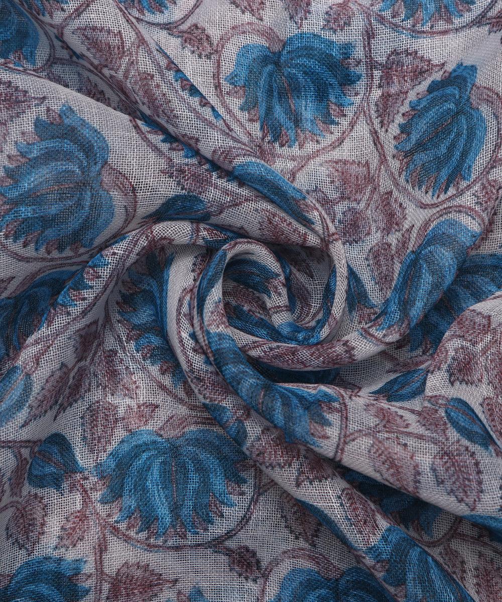 white digital floral printed zari border doria linen fabric