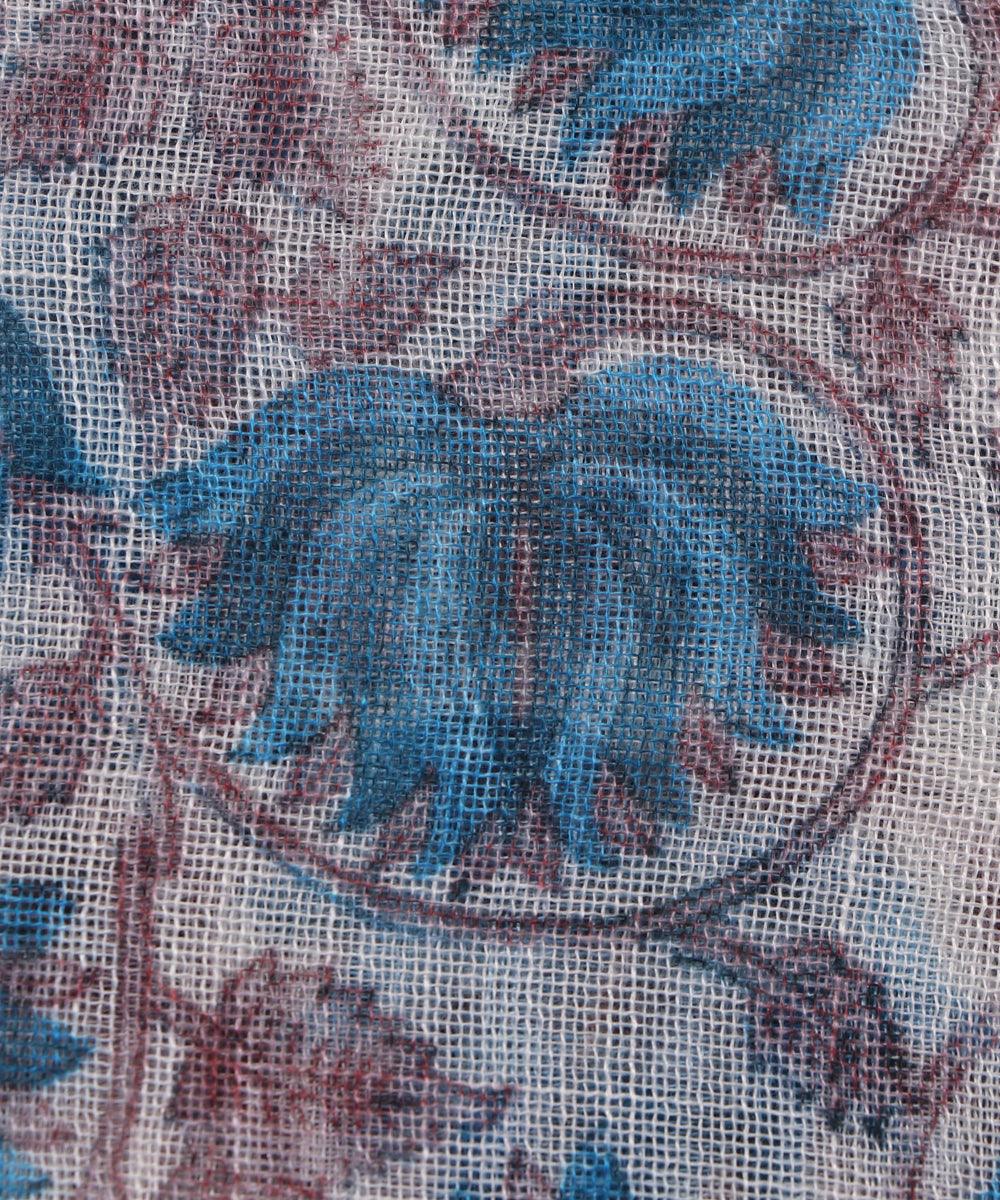 white digital floral printed zari border doria linen fabric