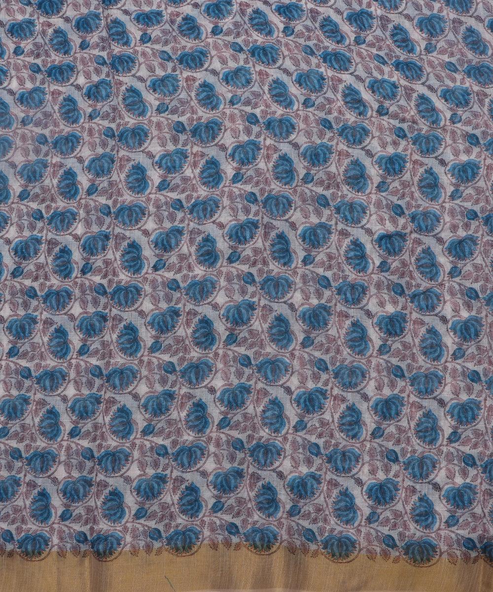 white digital floral printed zari border doria linen fabric