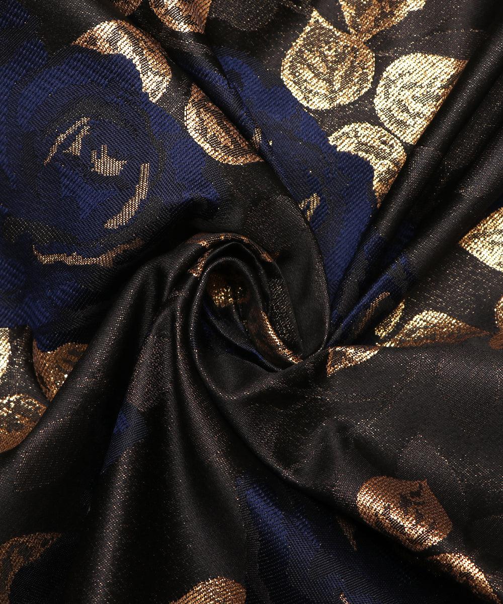 neavy blue and golden floral pattern brocade lycra fabric b127 3454