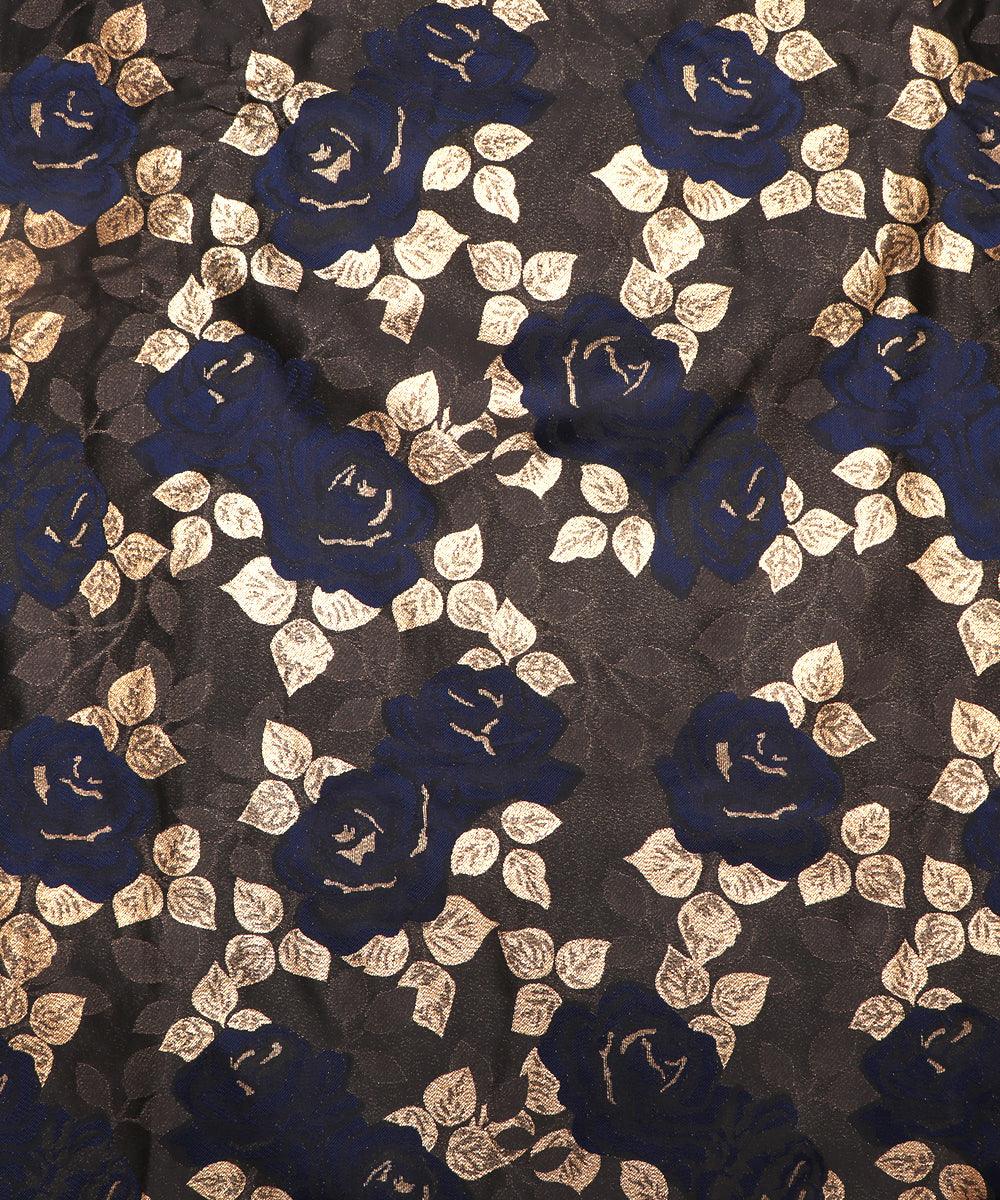 neavy blue and golden floral pattern brocade lycra fabric b127 3454