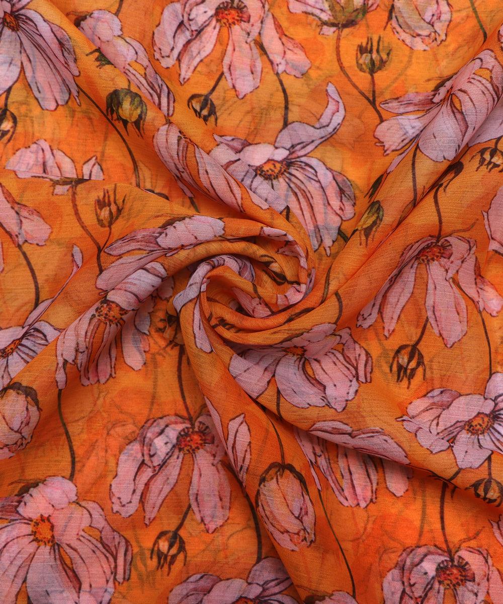 yellow colour floral print chiffon fabric
