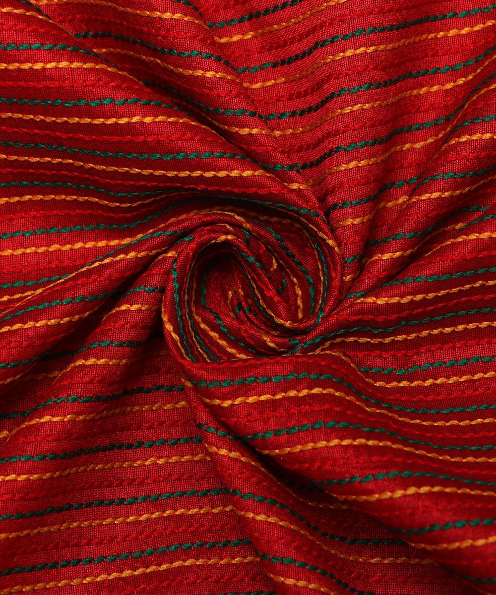 maroon colour kantha embroidery dupion silk fabric