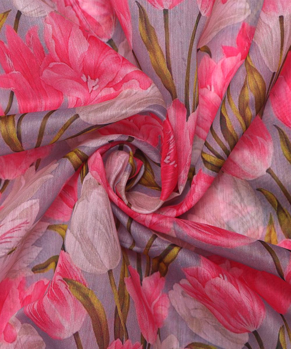 pink colour flower print chanderi fabric