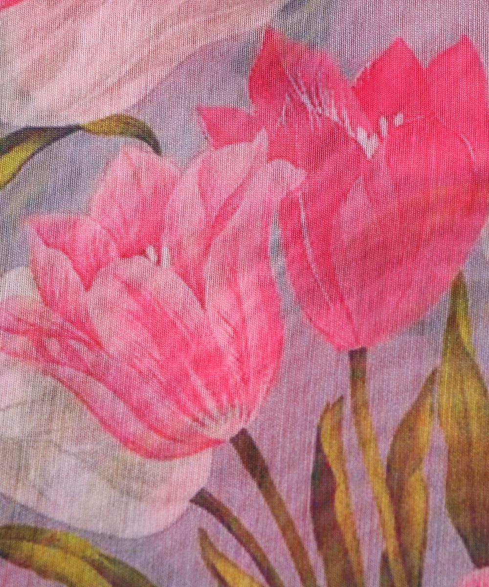 pink colour flower print chanderi fabric