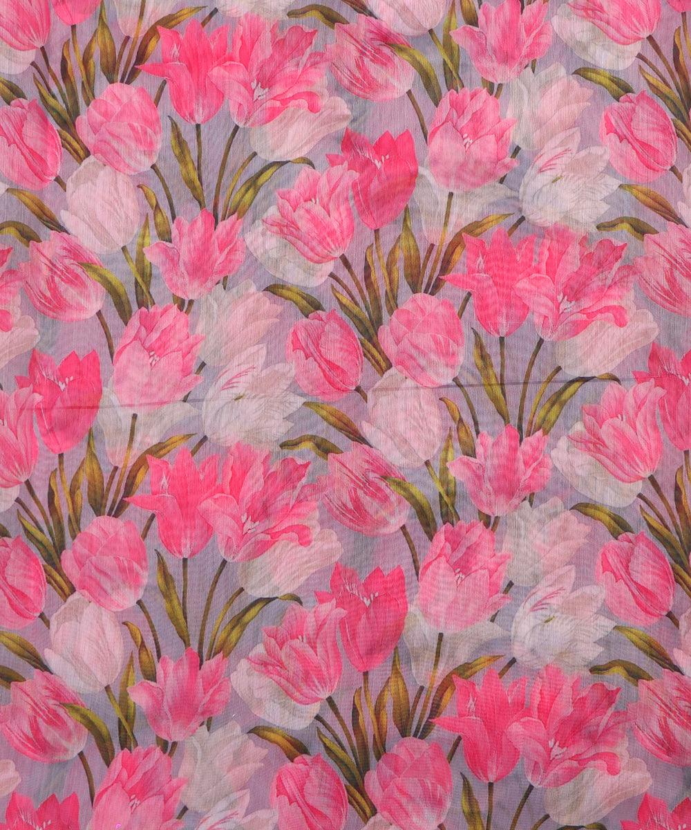 pink colour flower print chanderi fabric