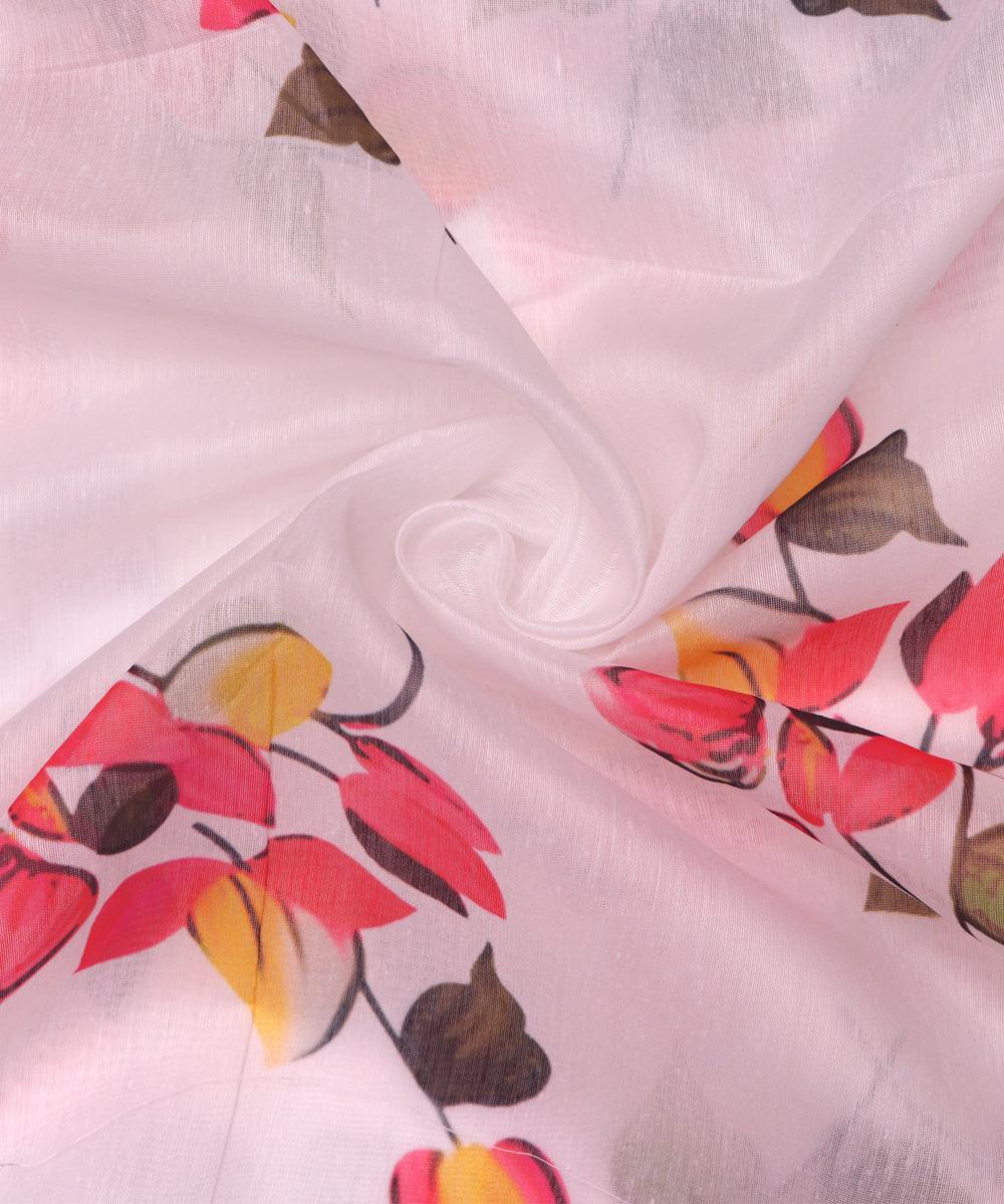 white colour flower print chanderi fabric